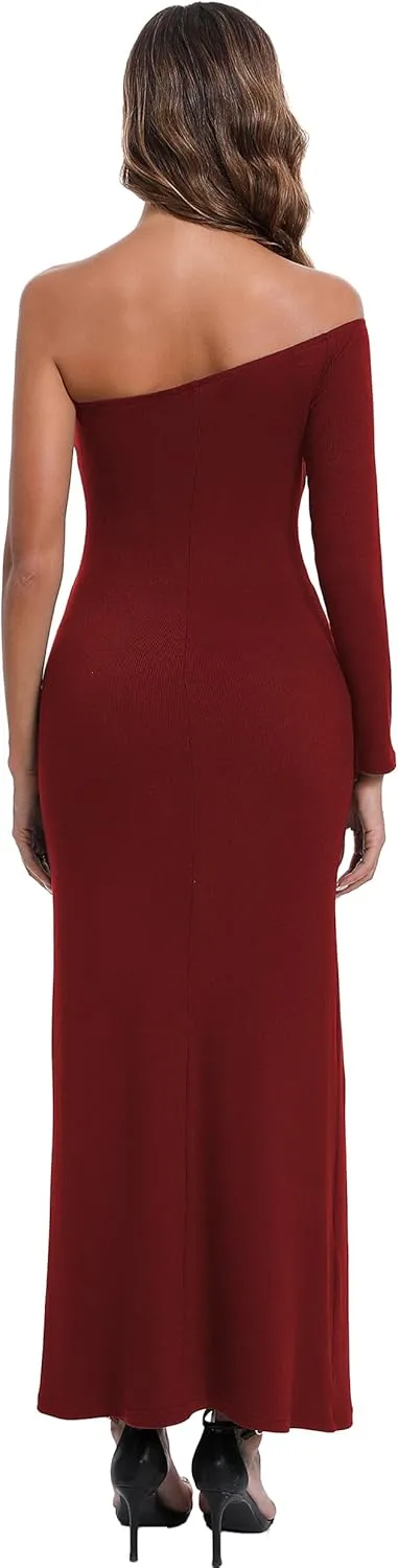 Aigeman Women Off Shoulder Long Sleeve Maxi Dress with Side Slit Palmer Formal Dress One Shoulder Evening Gown 351