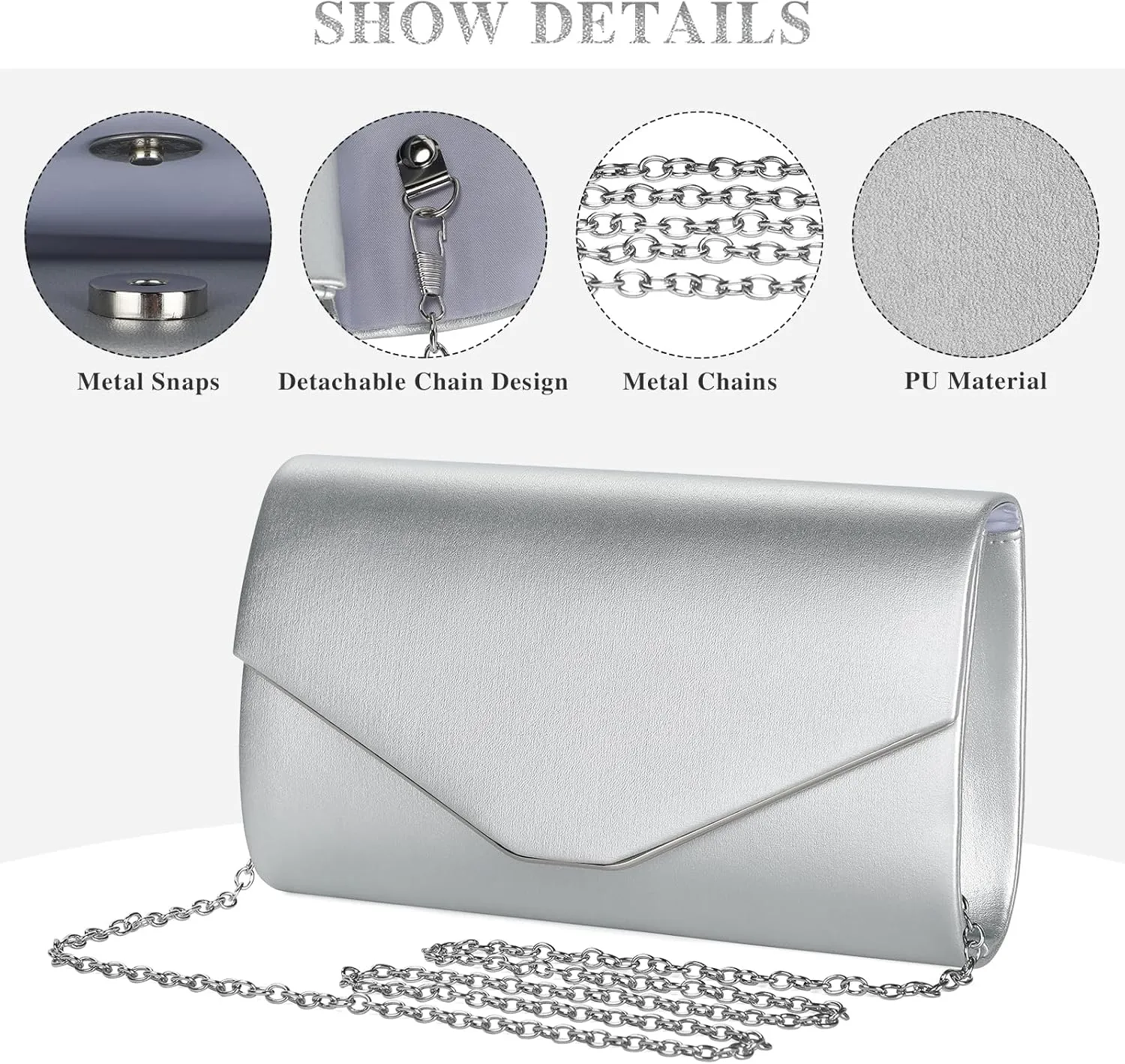 BAIGIO Women's Clutch Elegant Evening Bag Bridal Bag Clutch with Removable Chain Formal Handbag for Wedding Party Prom, PU Silver, Bag