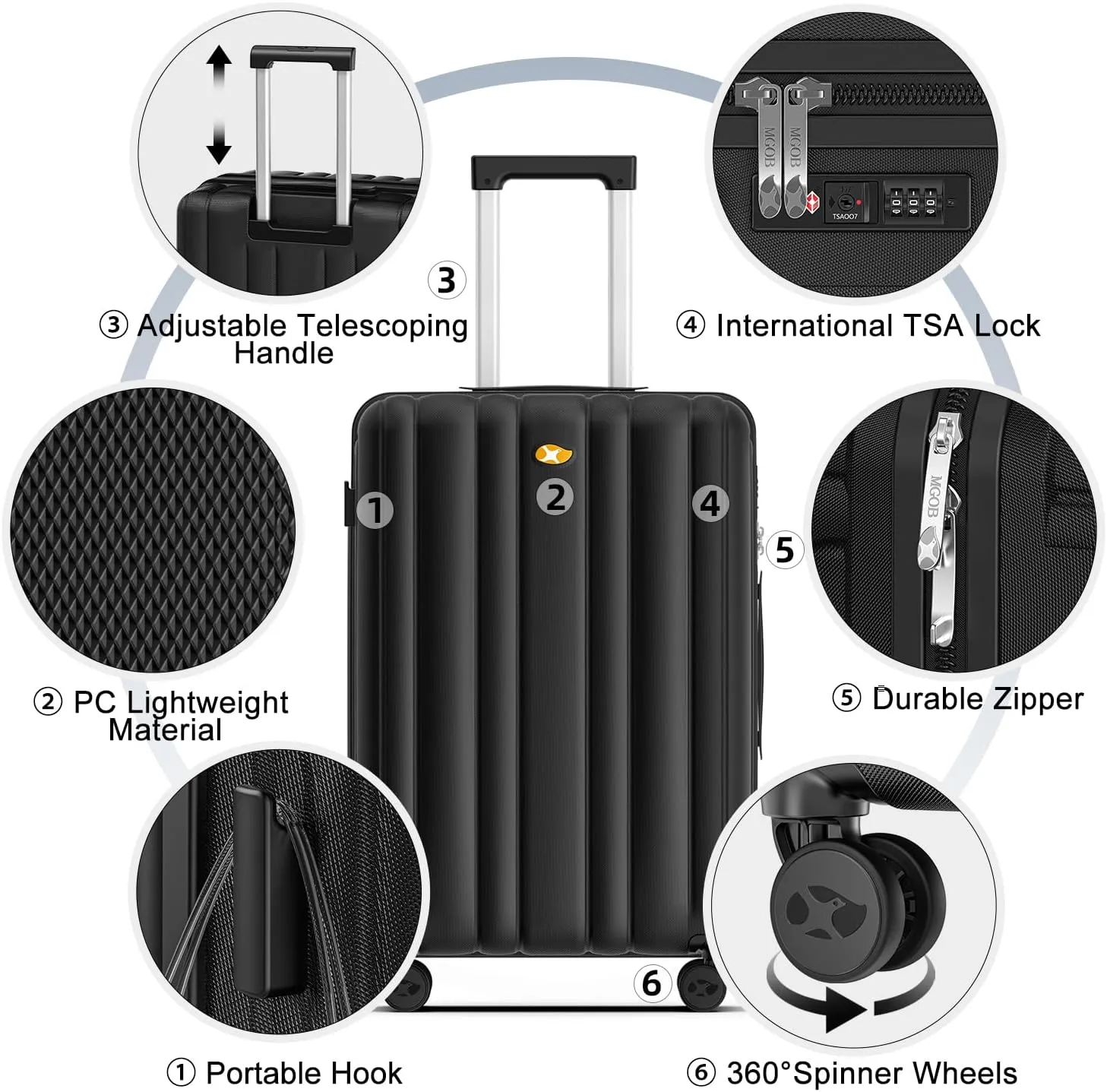 Checked Luggage 24 inch - Hard Shell Suitcase with Spinner Wheels, Lightweight PC Luggage with TSA Lock(Black, Checked-Medium 24-Inch