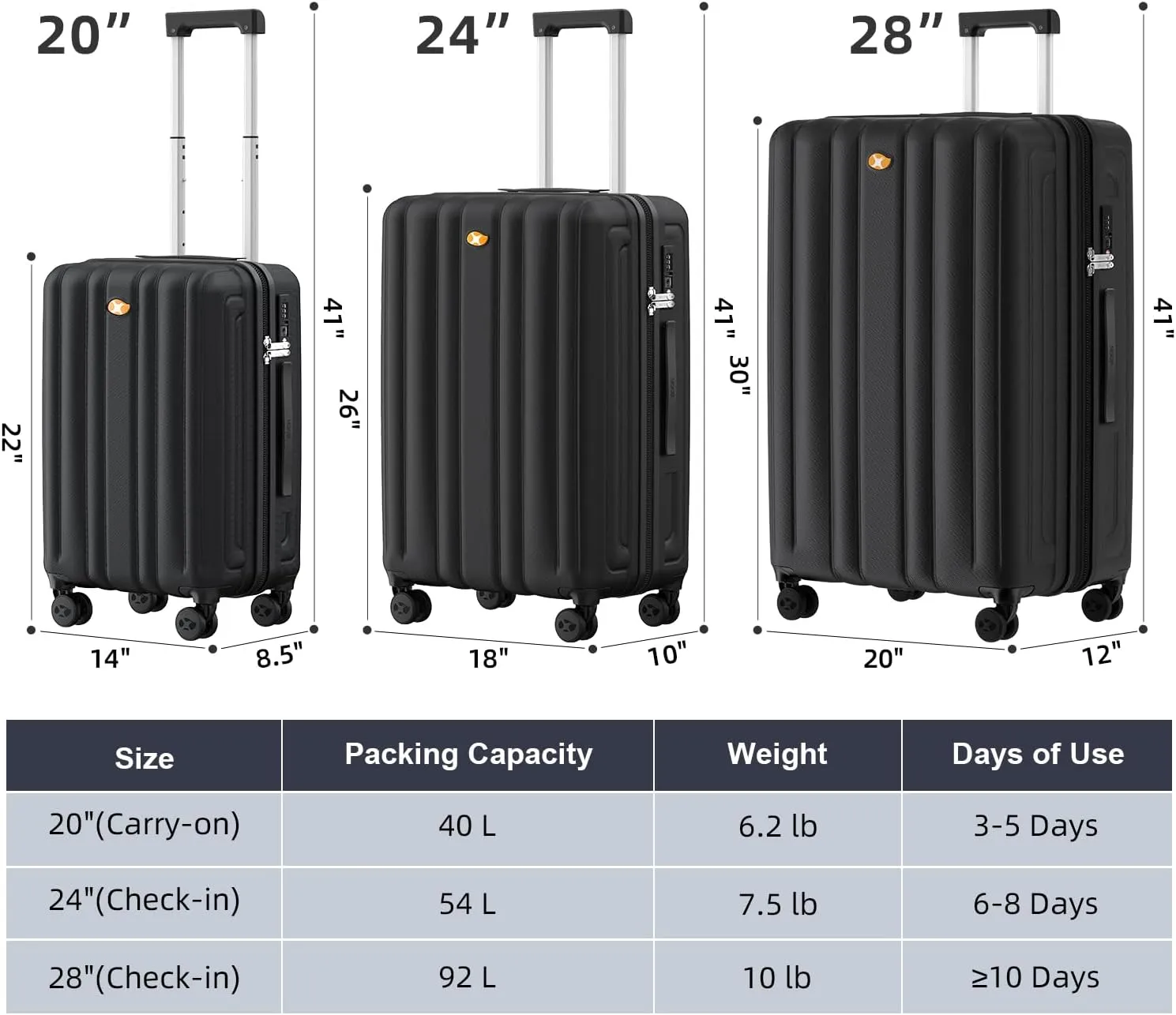 Checked Luggage 24 inch - Hard Shell Suitcase with Spinner Wheels, Lightweight PC Luggage with TSA Lock(Black, Checked-Medium 24-Inch