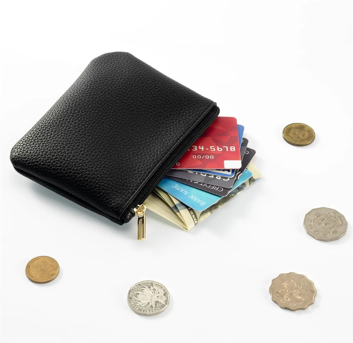 Chelmon PU Leather Coin Purse Pouch Change Holder Small With Zipper for Men Women 2 PCS Set (Black&Black)