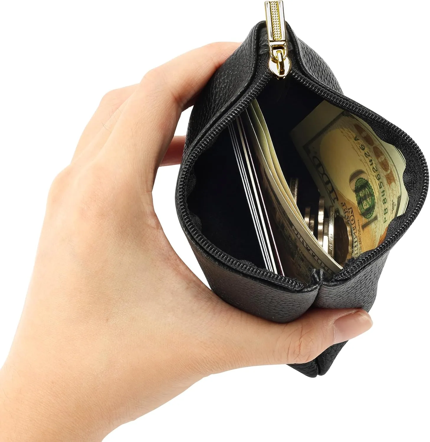 Chelmon PU Leather Coin Purse Pouch Change Holder Small With Zipper for Men Women 2 PCS Set (Black&Black)