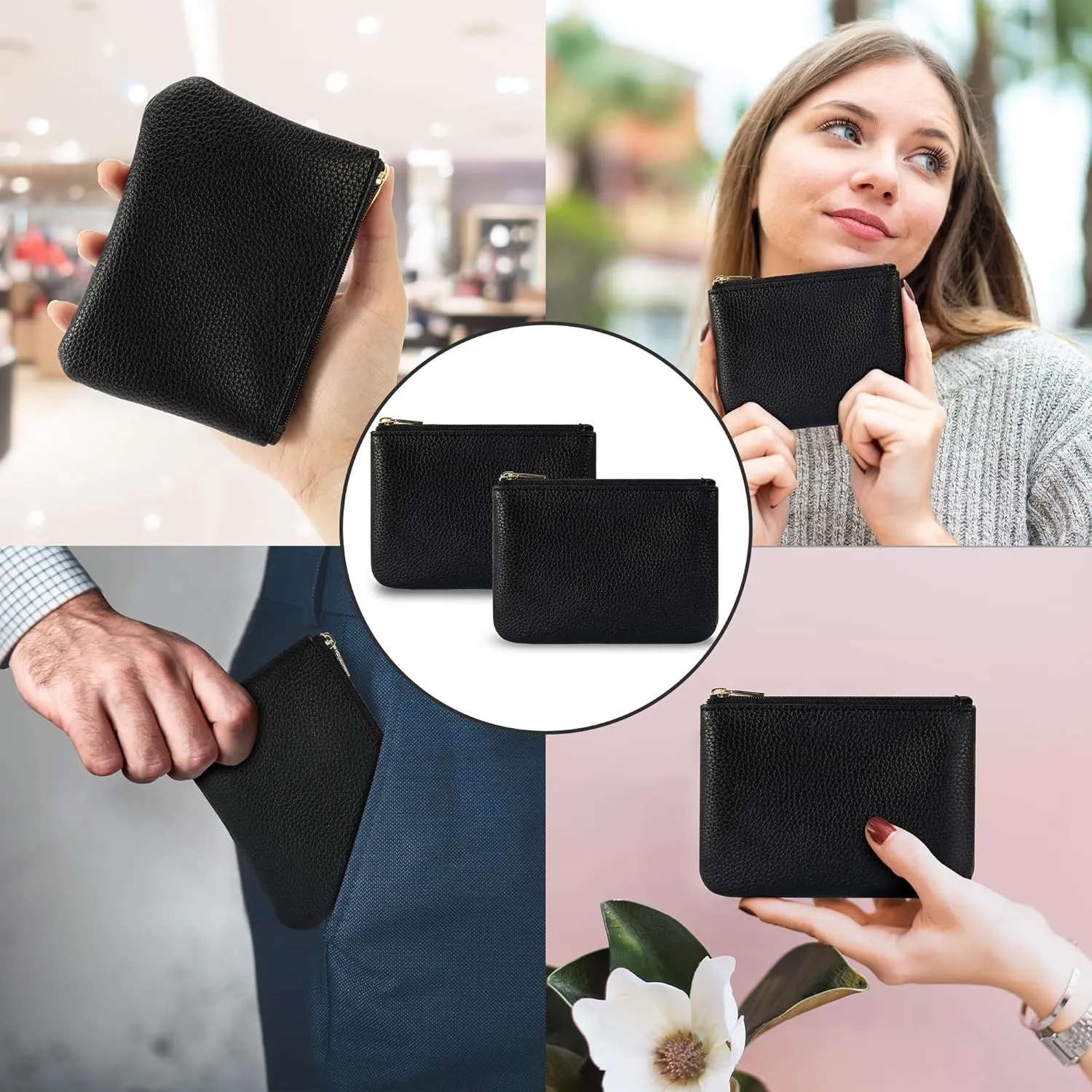 Chelmon PU Leather Coin Purse Pouch Change Holder Small With Zipper for Men Women 2 PCS Set (Black&Black)