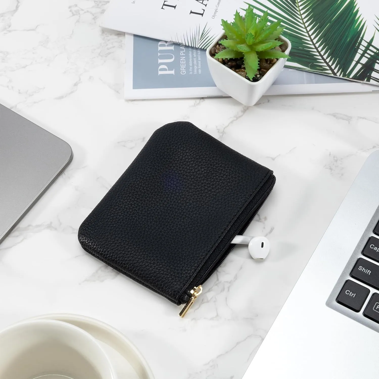 Chelmon PU Leather Coin Purse Pouch Change Holder Small With Zipper for Men Women 2 PCS Set (Black&Black)