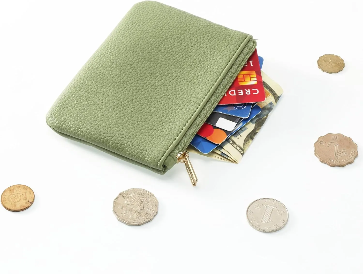 Chelmon PU Leather Coin Purse Pouch Change Holder Small With Zipper for Men Women 2 PCS Set (Black&Light Green)