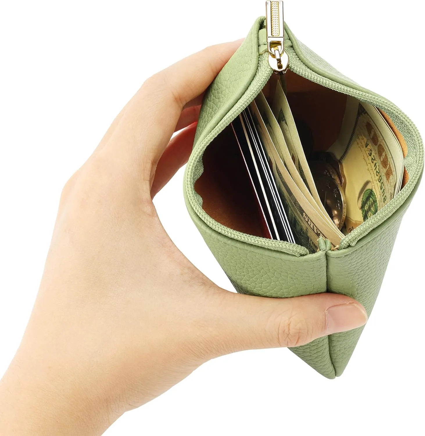 Chelmon PU Leather Coin Purse Pouch Change Holder Small With Zipper for Men Women 2 PCS Set (Black&Light Green)