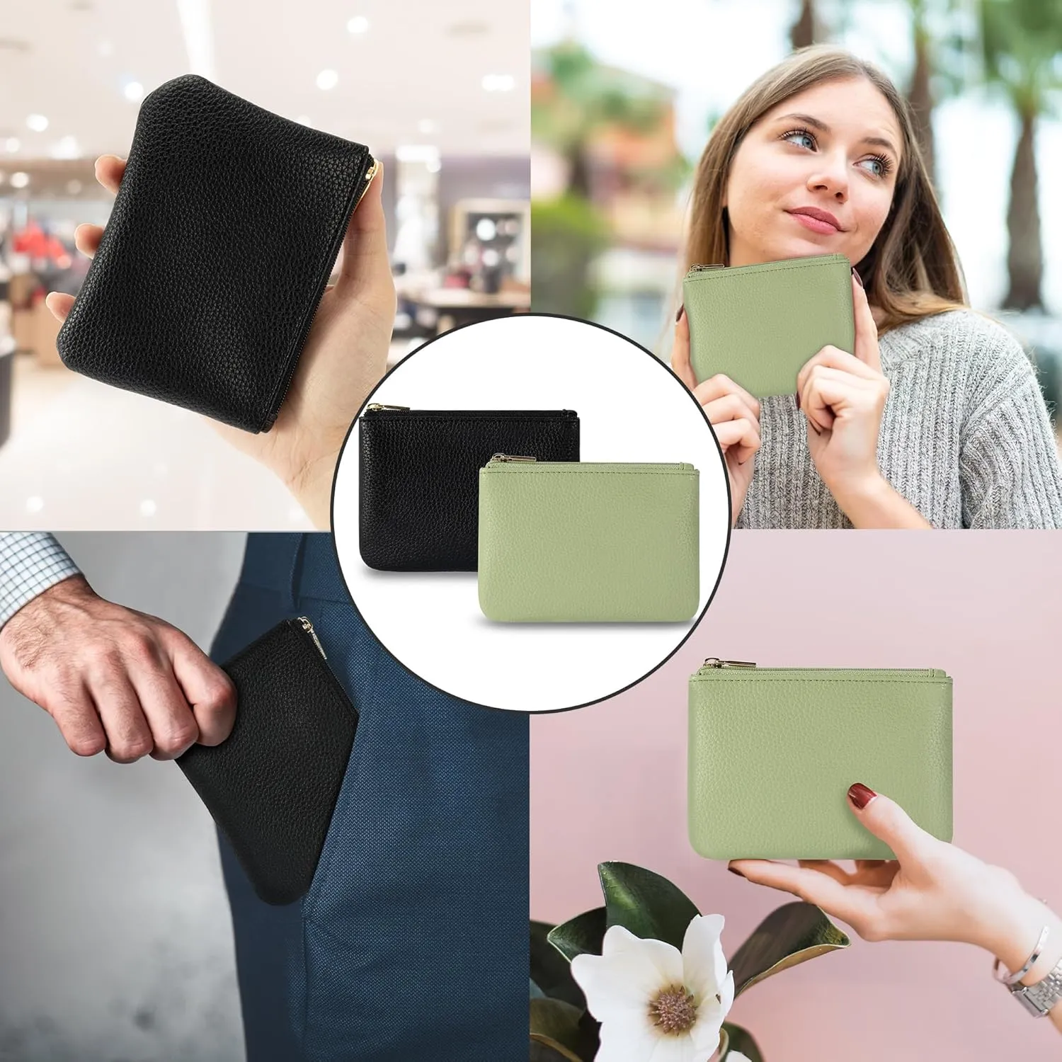 Chelmon PU Leather Coin Purse Pouch Change Holder Small With Zipper for Men Women 2 PCS Set (Black&Light Green)