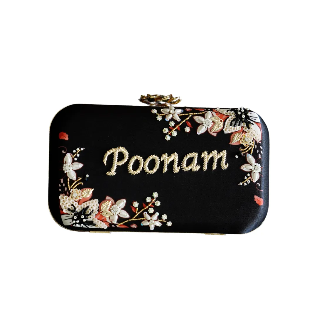 Customised Black Name Embroidery Highlight Party Clutch
