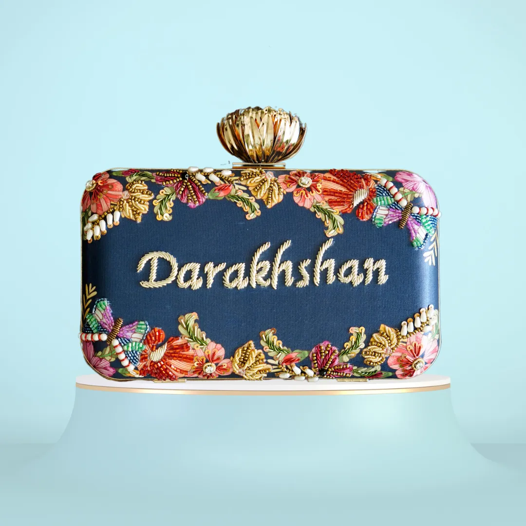 Customized Embroidery Blue Name Party Highlight Clutch