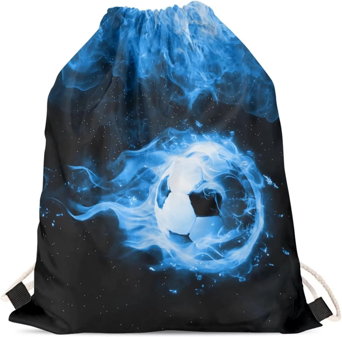 doginthehole Blue Fire Football Print Drawstring Backpack for Girls Boys Funny, Lightweight Drawstring Bags String Sackpack Storage Satchels Blue Double Shoulder Purse for Women