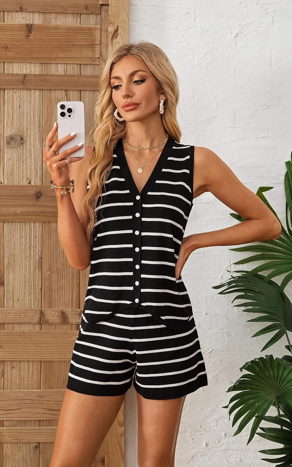 ECOWISH Women Two Piece Outfits: Summer Knit Striped Lounge Matching Set Sleeveless Button Down Tank Top and Shorts Pajamas