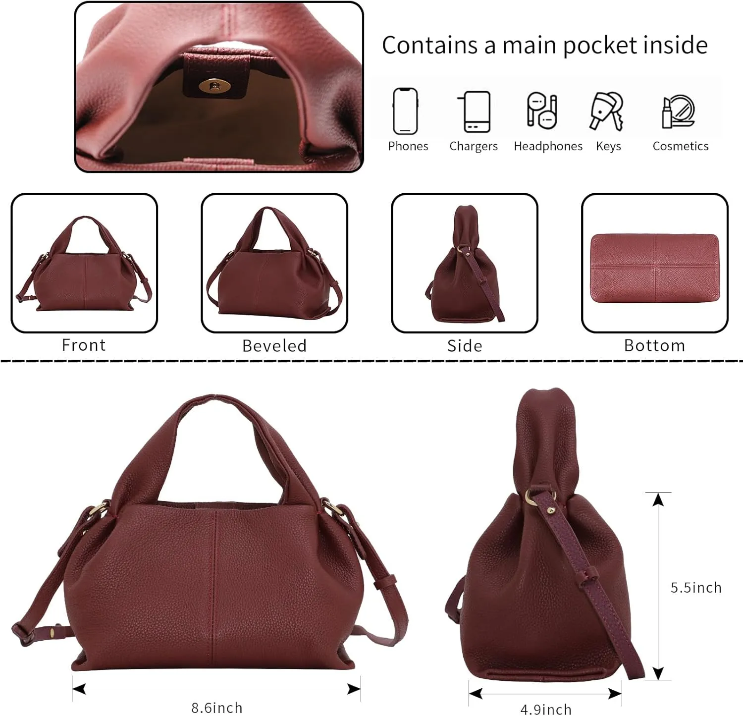 Genuine Leather Retro Shoulder Crossbody Bag for Women, Chic Dumpling Bag and Cute Cloud Handbag for Women