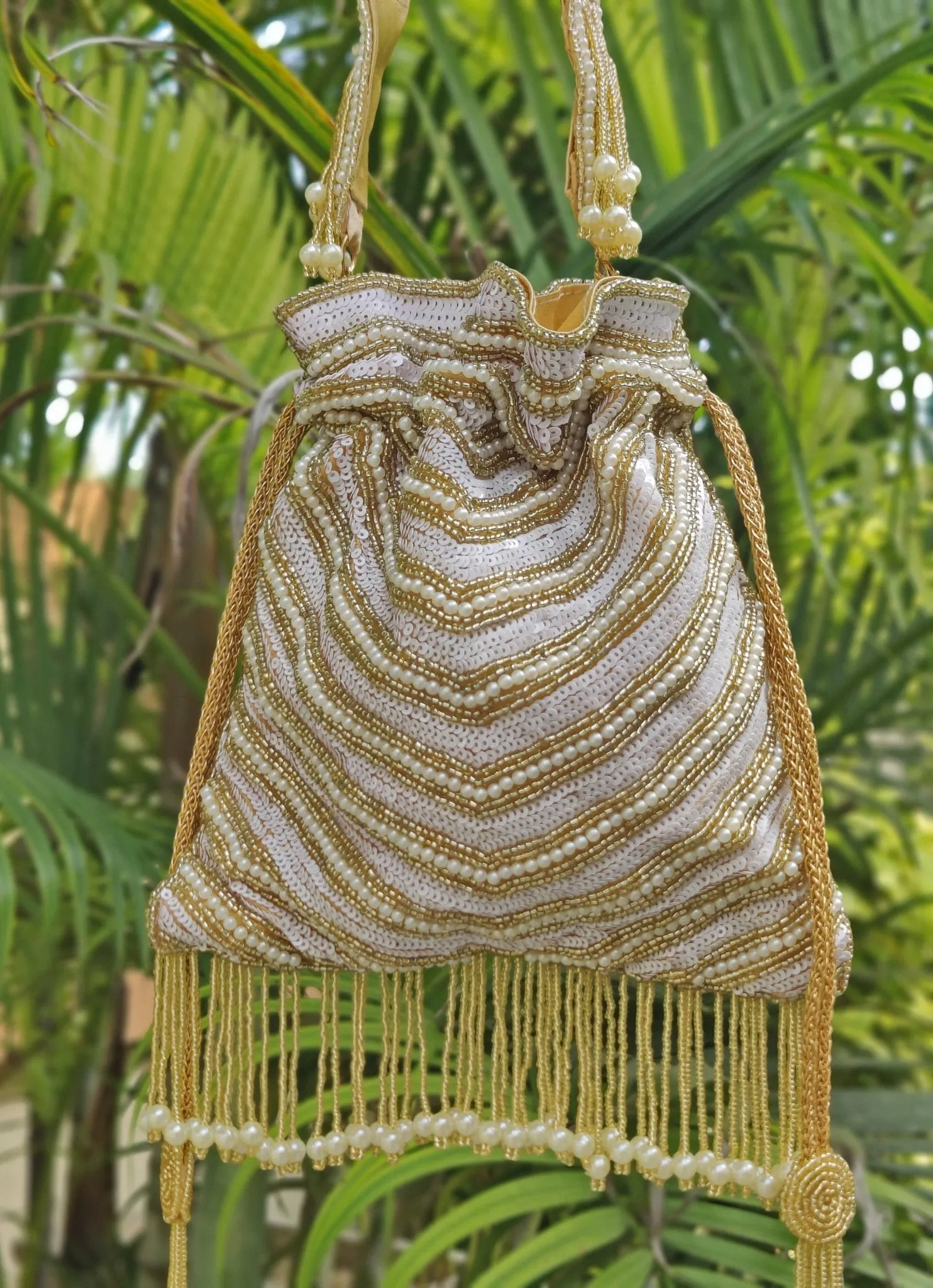 Gold And White Sequin Embroidered Potli Bag