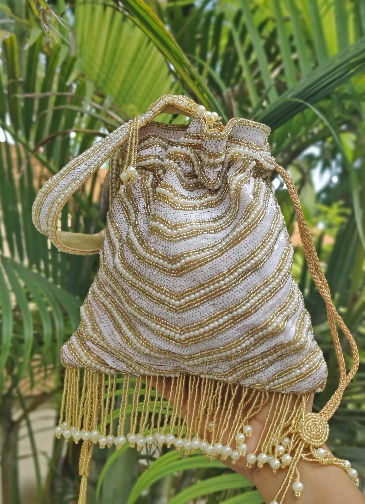 Gold And White Sequin Embroidered Potli Bag