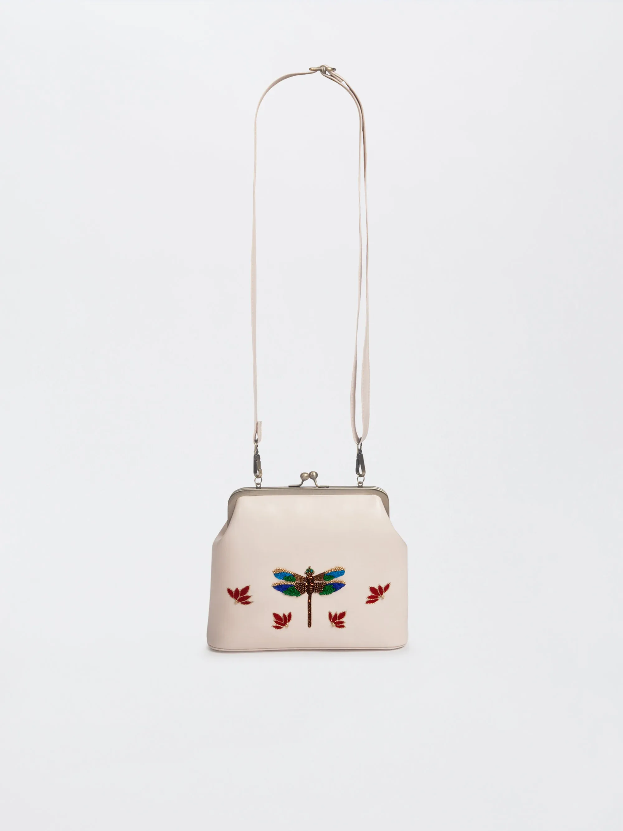 Ivory Hand Embroidered Metallic Dragonfly Clutch