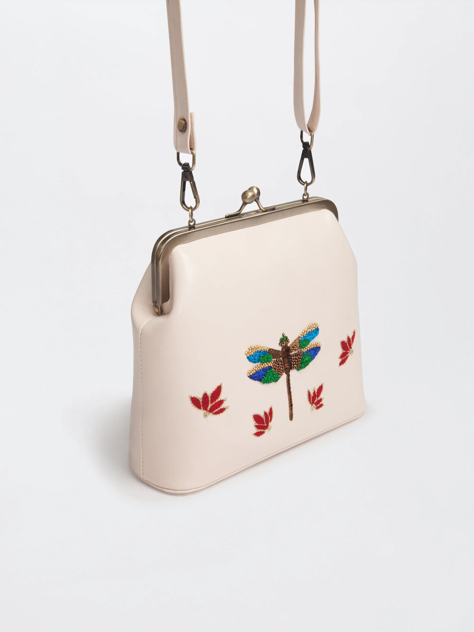 Ivory Hand Embroidered Metallic Dragonfly Clutch