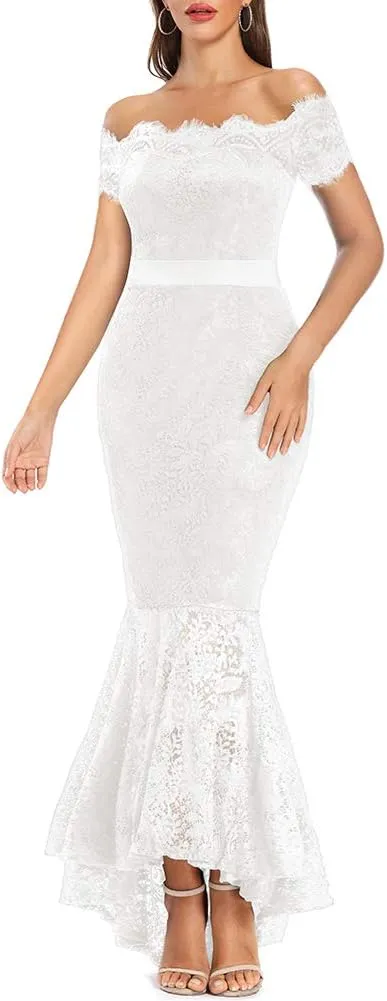 LALAGEN Women's Floral Lace Long Sleeve Off Shoulder Wedding Mermaid Dress