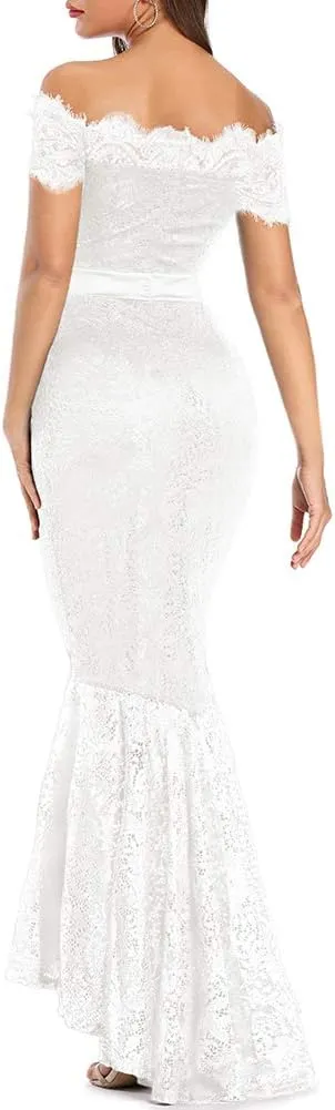 LALAGEN Women's Floral Lace Long Sleeve Off Shoulder Wedding Mermaid Dress