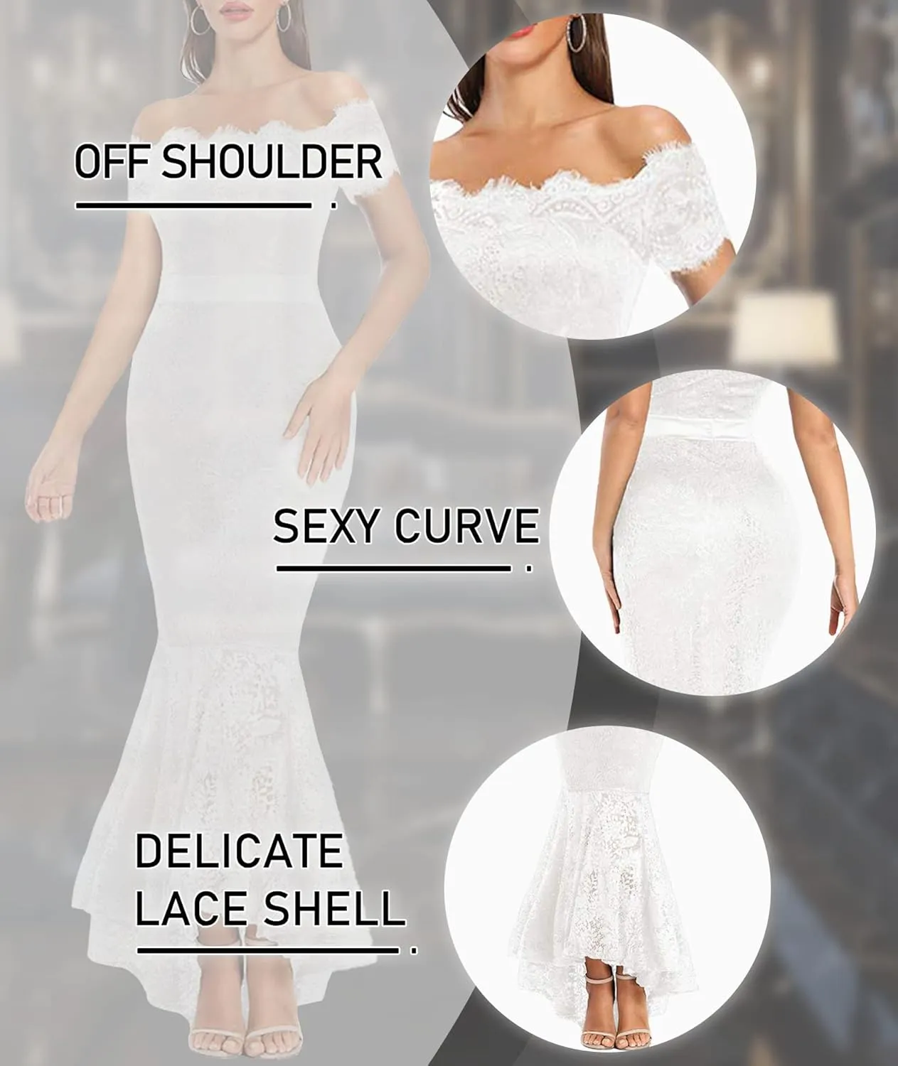 LALAGEN Women's Floral Lace Long Sleeve Off Shoulder Wedding Mermaid Dress