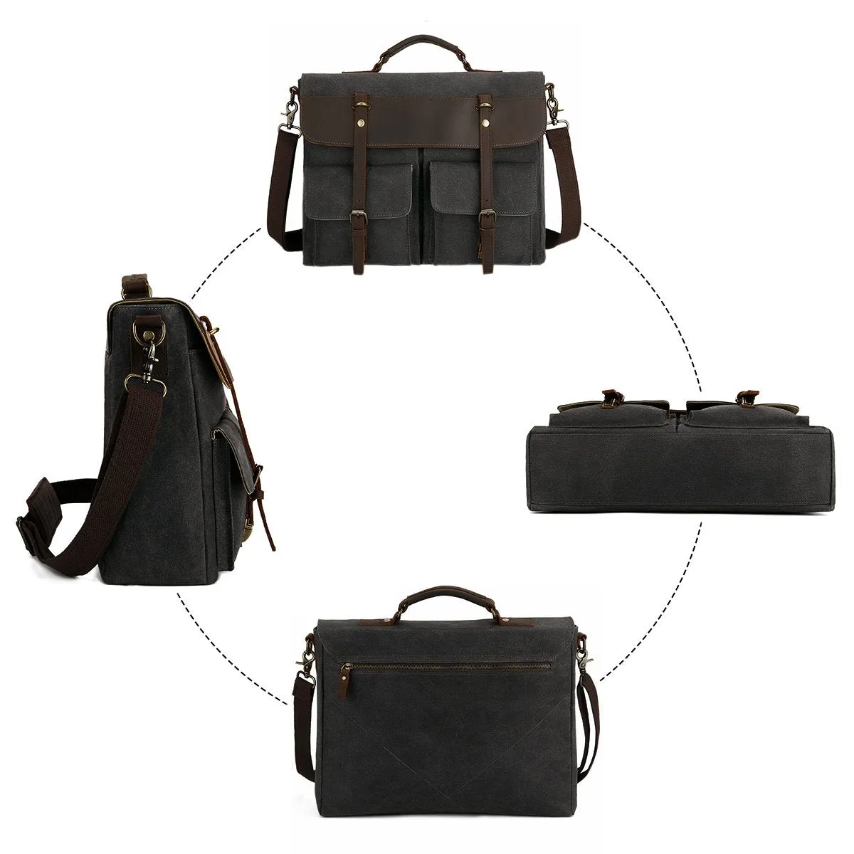 Large Messenger Bag for Men Tocode, Vintage Waxed Canvas Satchel Leather Briefcases Crossbody Shoulder Bags, 15.6 inch Computer Laptop Bags Water Resistant Travel School Work Bag Black (Black)