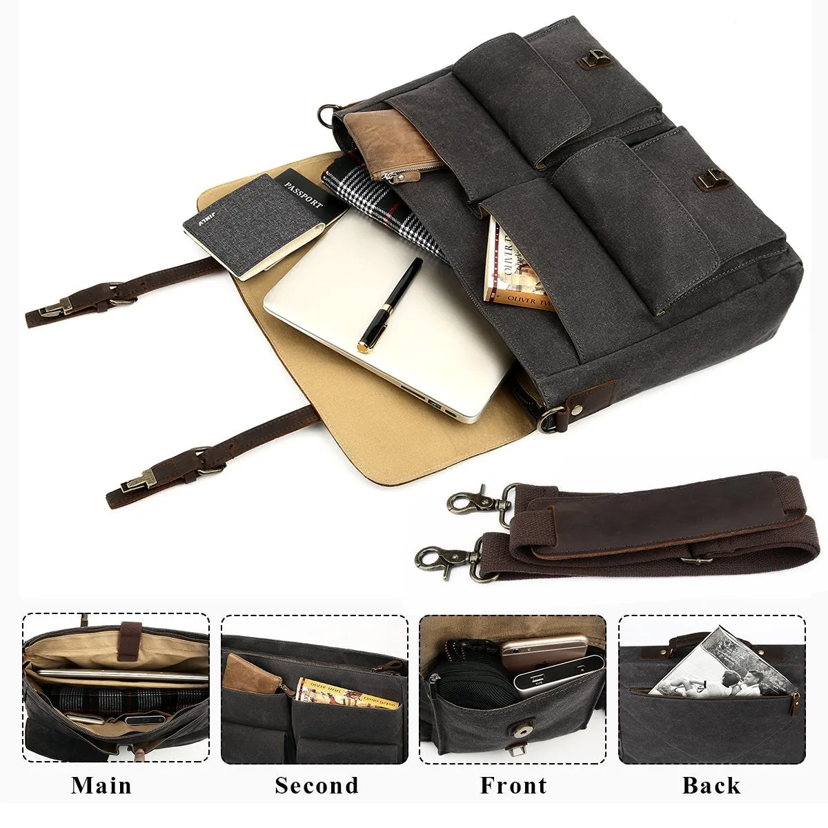 Large Messenger Bag for Men Tocode, Vintage Waxed Canvas Satchel Leather Briefcases Crossbody Shoulder Bags, 15.6 inch Computer Laptop Bags Water Resistant Travel School Work Bag Black (Black)