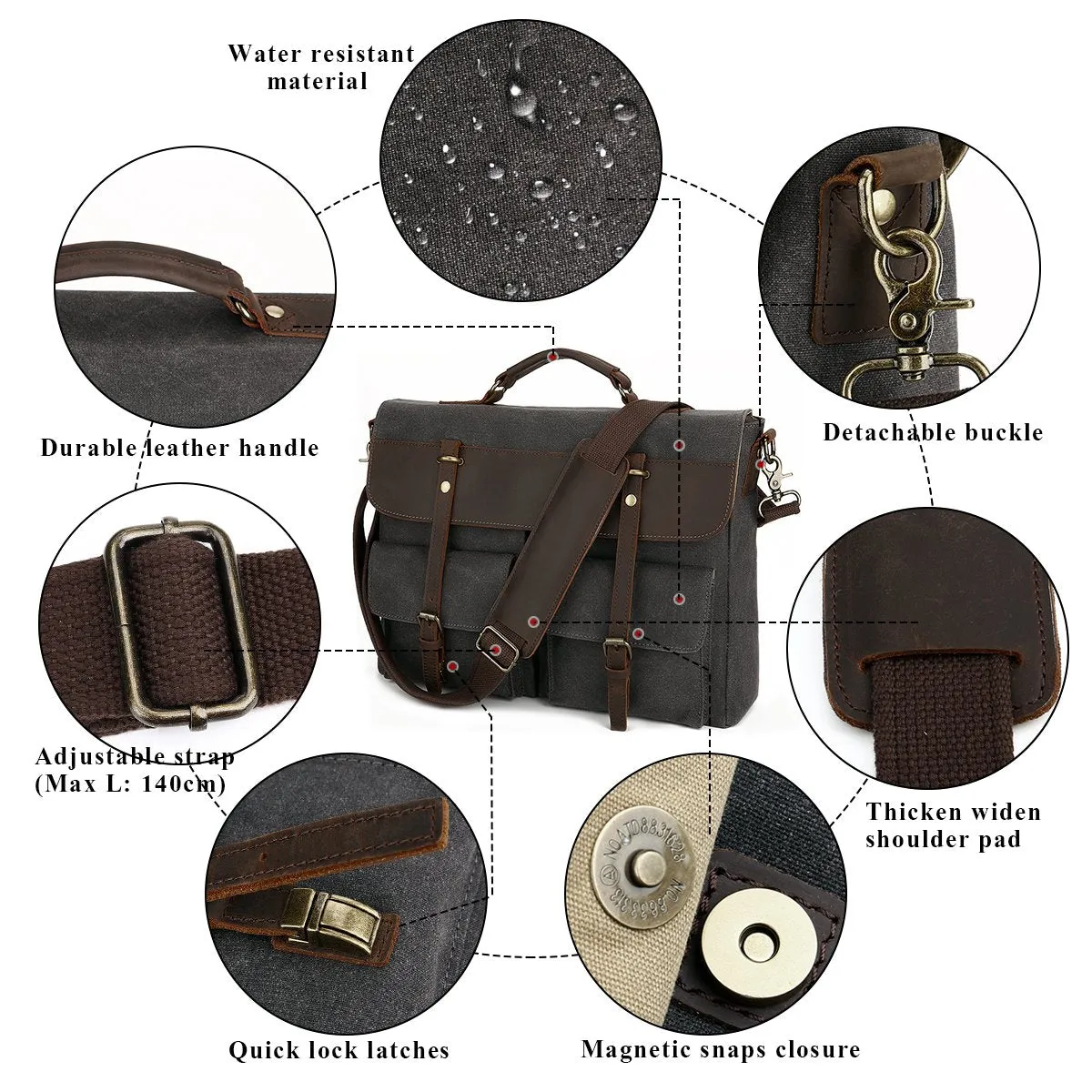 Large Messenger Bag for Men Tocode, Vintage Waxed Canvas Satchel Leather Briefcases Crossbody Shoulder Bags, 15.6 inch Computer Laptop Bags Water Resistant Travel School Work Bag Black (Black)