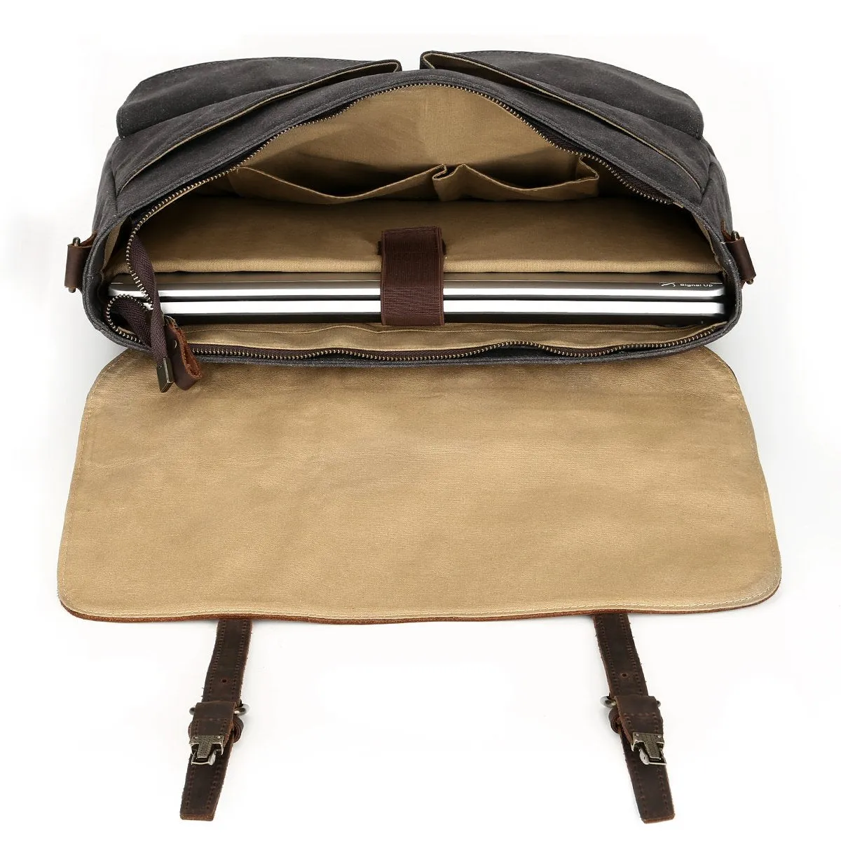 Large Messenger Bag for Men Tocode, Vintage Waxed Canvas Satchel Leather Briefcases Crossbody Shoulder Bags, 15.6 inch Computer Laptop Bags Water Resistant Travel School Work Bag Black (Black)