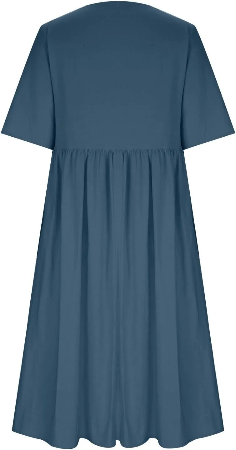 Loose Summer Cotton Linen Dress for Women Ruffle Hem Casual Dress 2025 Short Sleeve Cut Out Flowy Swing Long Dress