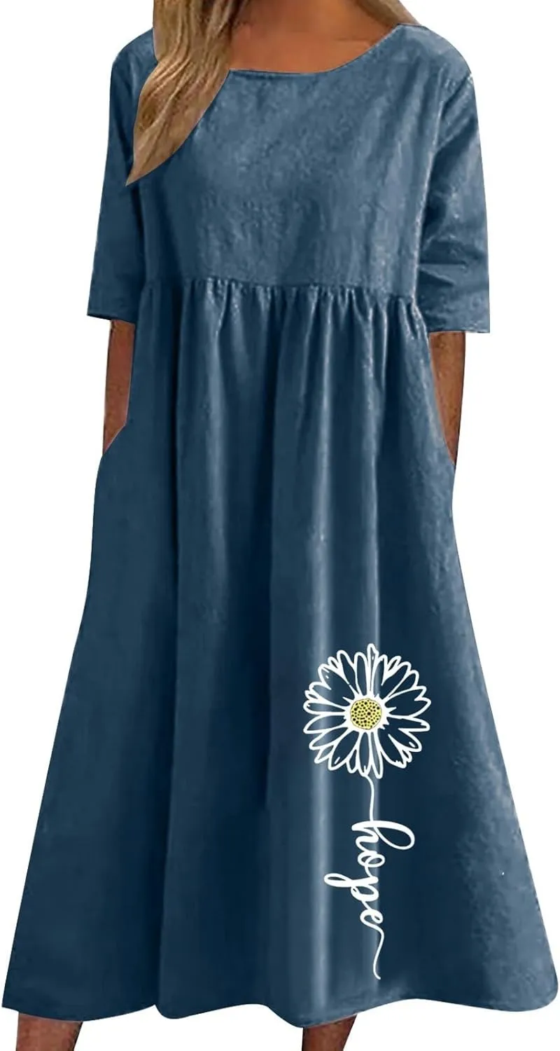 Loose Summer Cotton Linen Dress for Women Ruffle Hem Casual Dress 2025 Short Sleeve Cut Out Flowy Swing Long Dress
