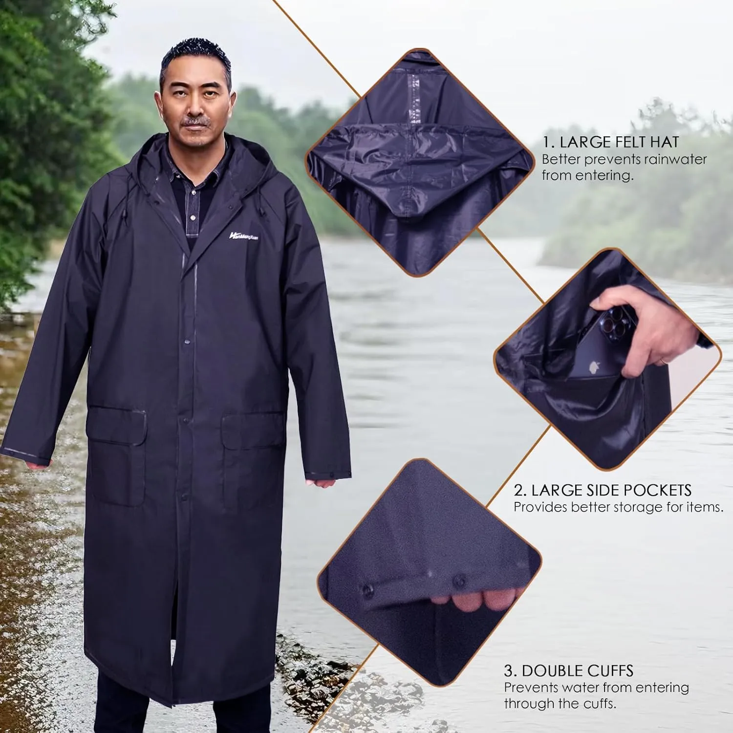 Men's Long Hooded Raincoat - Waterproof Rain Jacket for Work & Outdoor Use