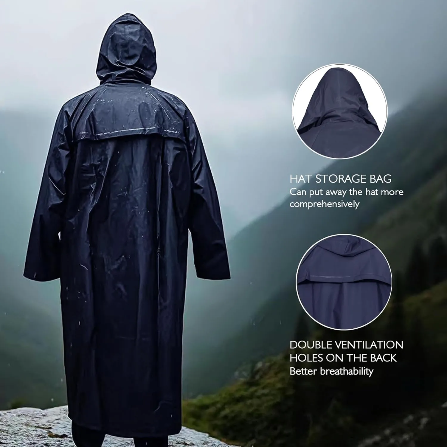 Men's Long Hooded Raincoat - Waterproof Rain Jacket for Work & Outdoor Use