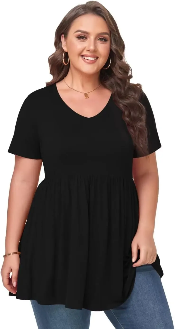 MONNURO Womens Plus Size Tops Cute Babydoll T Shirts Peplum Tunic Tops Loose Fit V-Neck Short Sleeve Blouse