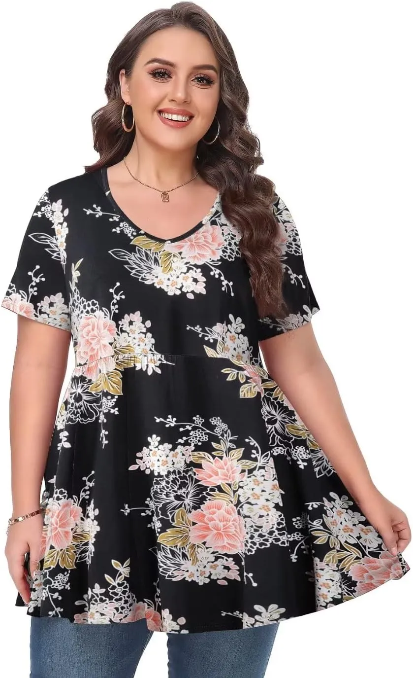 MONNURO Womens Plus Size Tops Cute Babydoll T Shirts Peplum Tunic Tops Loose Fit V-Neck Short Sleeve Blouse