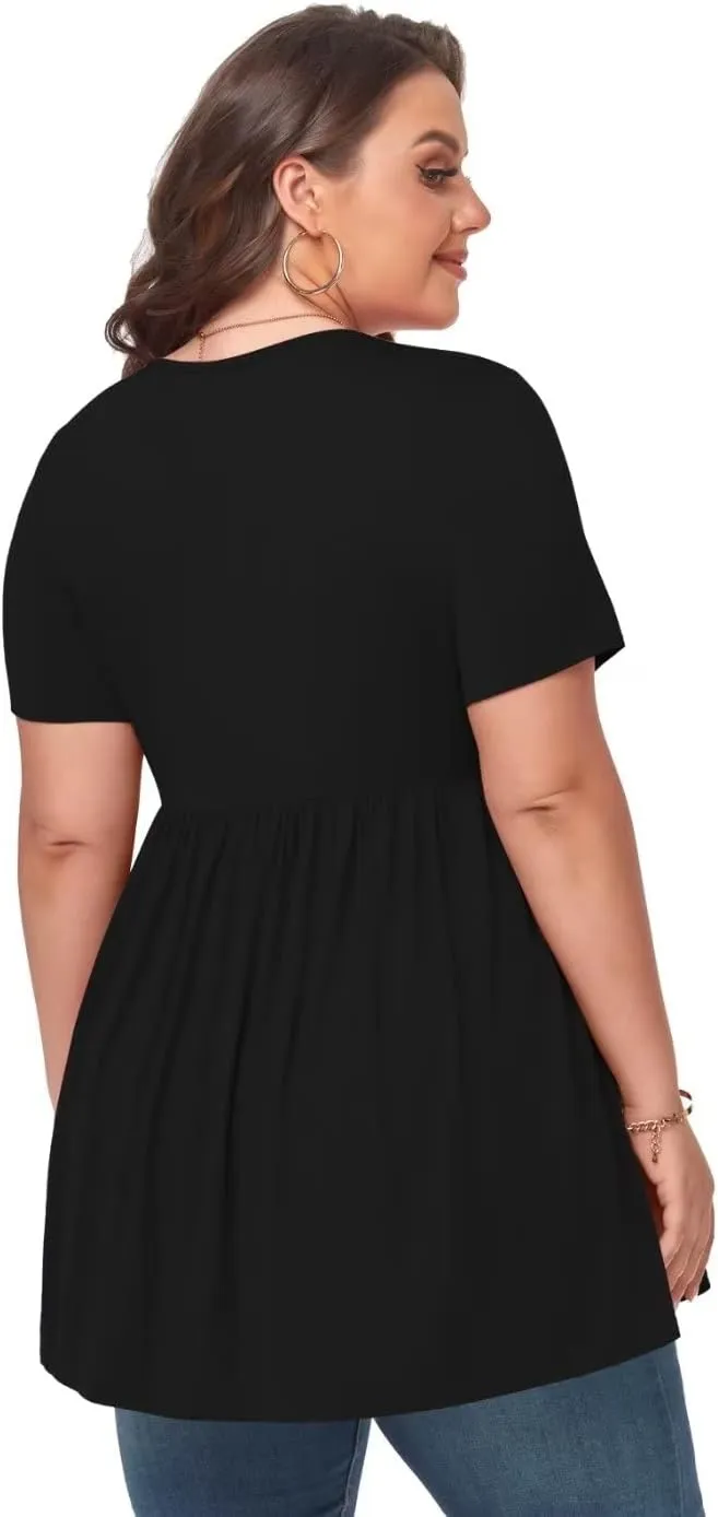 MONNURO Womens Plus Size Tops Cute Babydoll T Shirts Peplum Tunic Tops Loose Fit V-Neck Short Sleeve Blouse