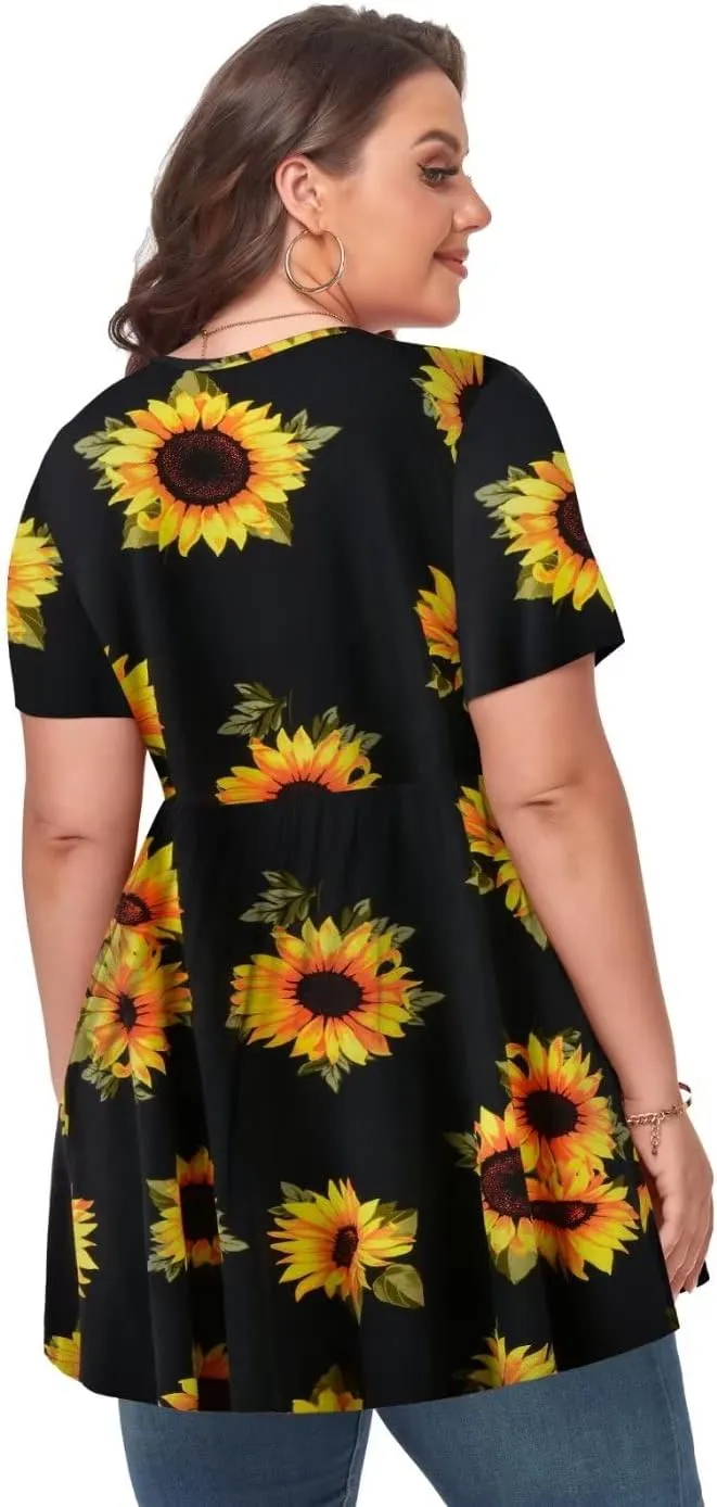 MONNURO Womens Plus Size Tops Cute Babydoll T Shirts Peplum Tunic Tops Loose Fit V-Neck Short Sleeve Blouse