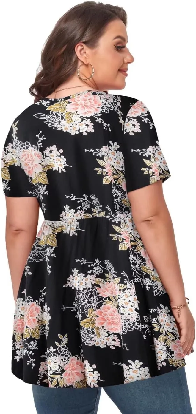 MONNURO Womens Plus Size Tops Cute Babydoll T Shirts Peplum Tunic Tops Loose Fit V-Neck Short Sleeve Blouse