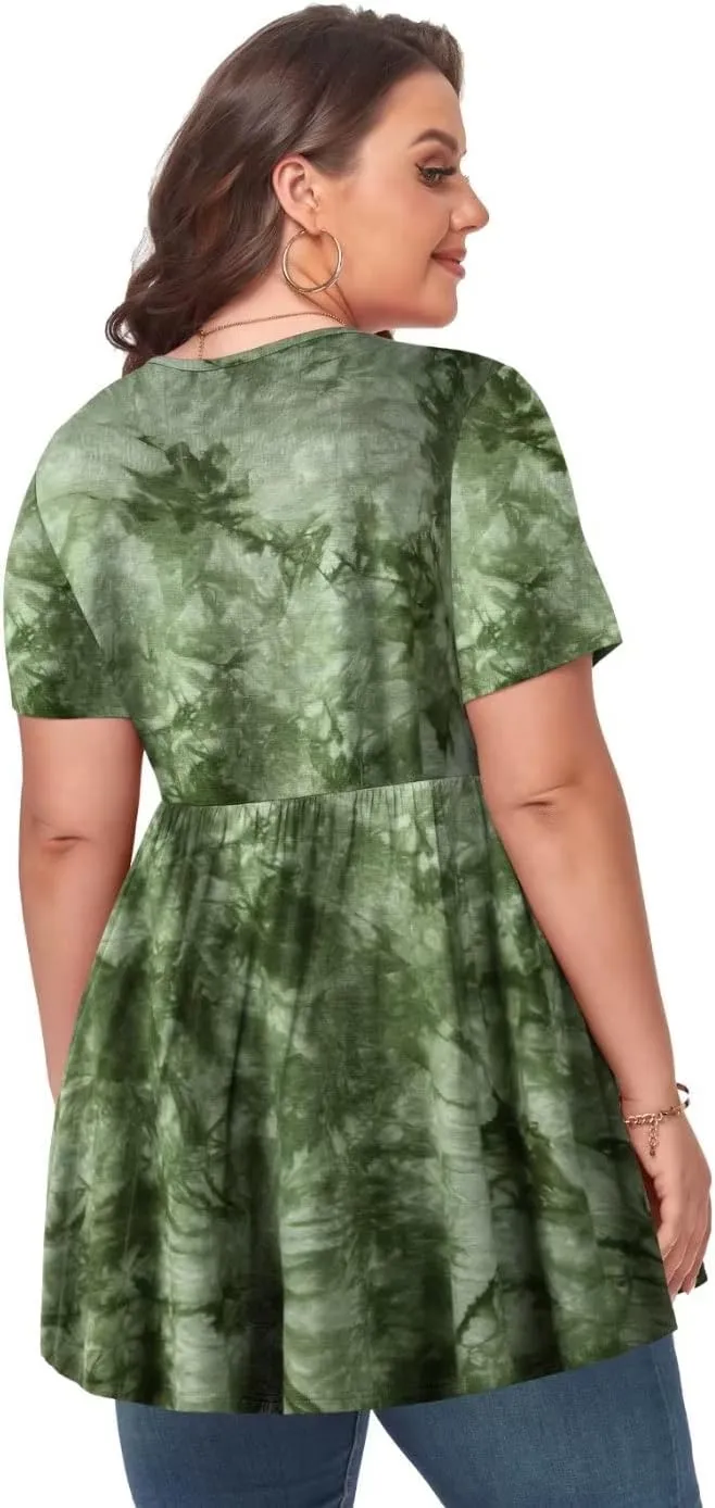 MONNURO Womens Plus Size Tops Cute Babydoll T Shirts Peplum Tunic Tops Loose Fit V-Neck Short Sleeve Blouse