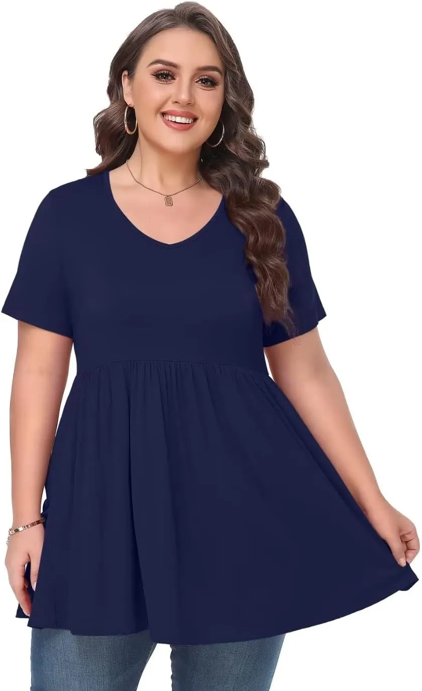 MONNURO Womens Plus Size Tops Cute Babydoll T Shirts Peplum Tunic Tops Loose Fit V-Neck Short Sleeve Blouse