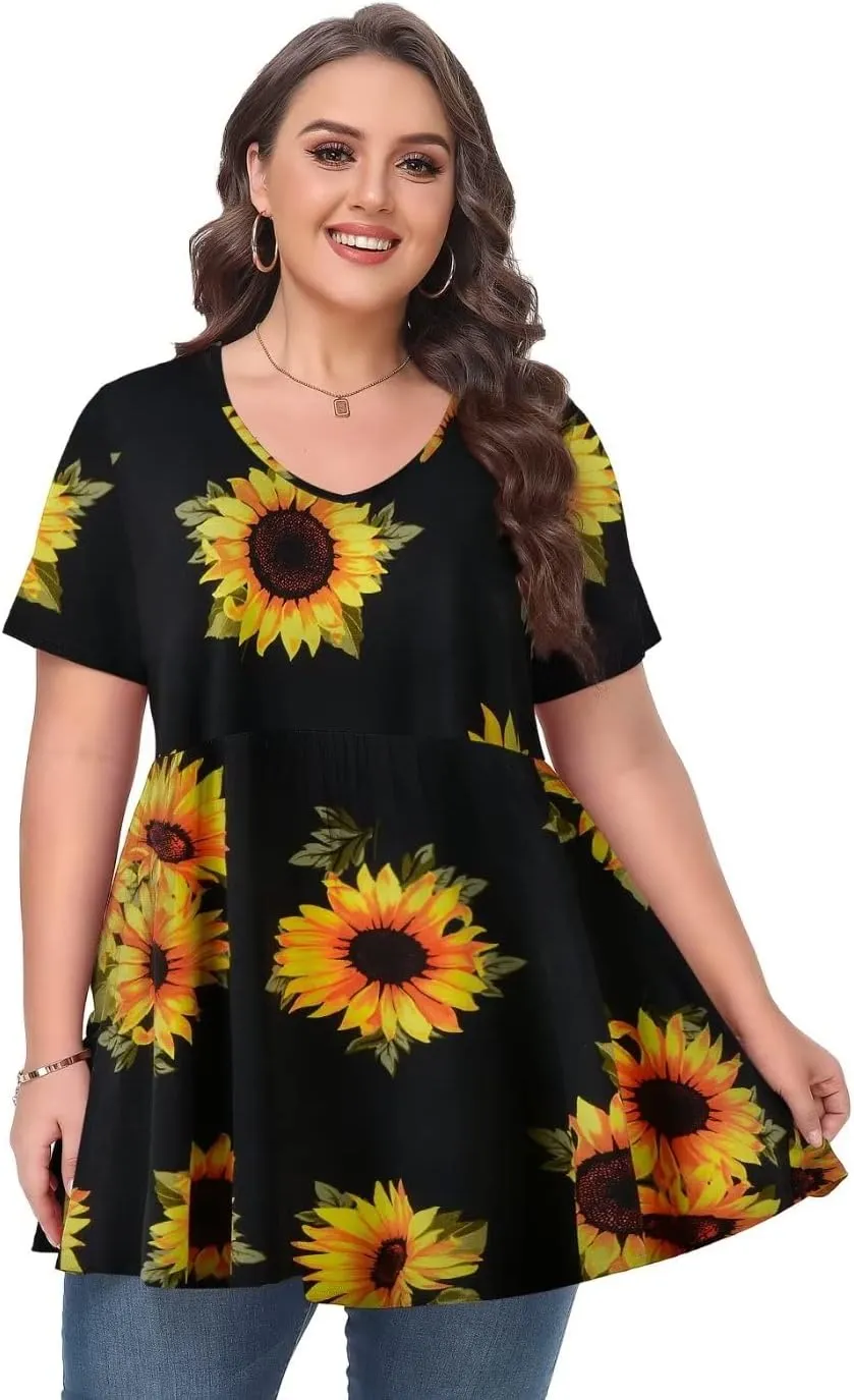 MONNURO Womens Plus Size Tops Cute Babydoll T Shirts Peplum Tunic Tops Loose Fit V-Neck Short Sleeve Blouse