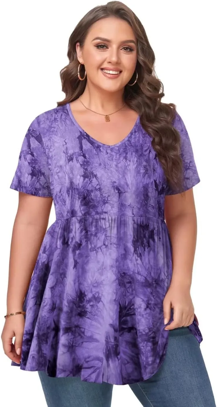 MONNURO Womens Plus Size Tops Cute Babydoll T Shirts Peplum Tunic Tops Loose Fit V-Neck Short Sleeve Blouse