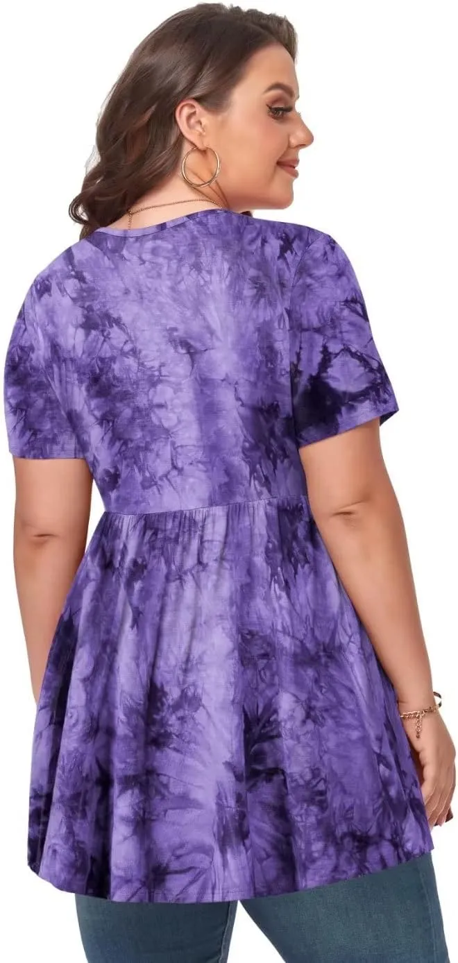 MONNURO Womens Plus Size Tops Cute Babydoll T Shirts Peplum Tunic Tops Loose Fit V-Neck Short Sleeve Blouse