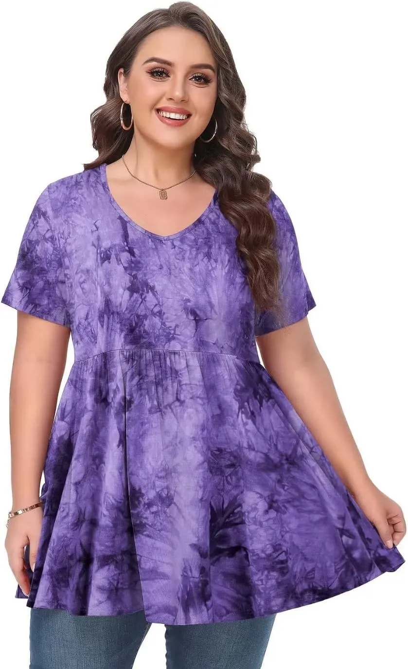 MONNURO Womens Plus Size Tops Cute Babydoll T Shirts Peplum Tunic Tops Loose Fit V-Neck Short Sleeve Blouse