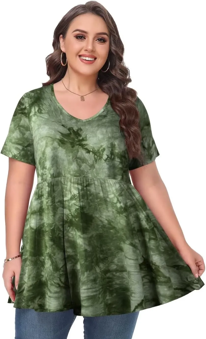 MONNURO Womens Plus Size Tops Cute Babydoll T Shirts Peplum Tunic Tops Loose Fit V-Neck Short Sleeve Blouse