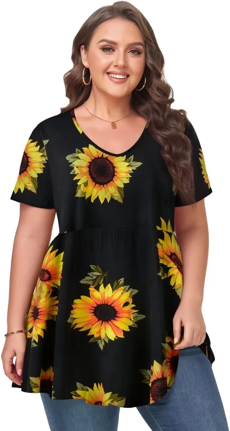 MONNURO Womens Plus Size Tops Cute Babydoll T Shirts Peplum Tunic Tops Loose Fit V-Neck Short Sleeve Blouse