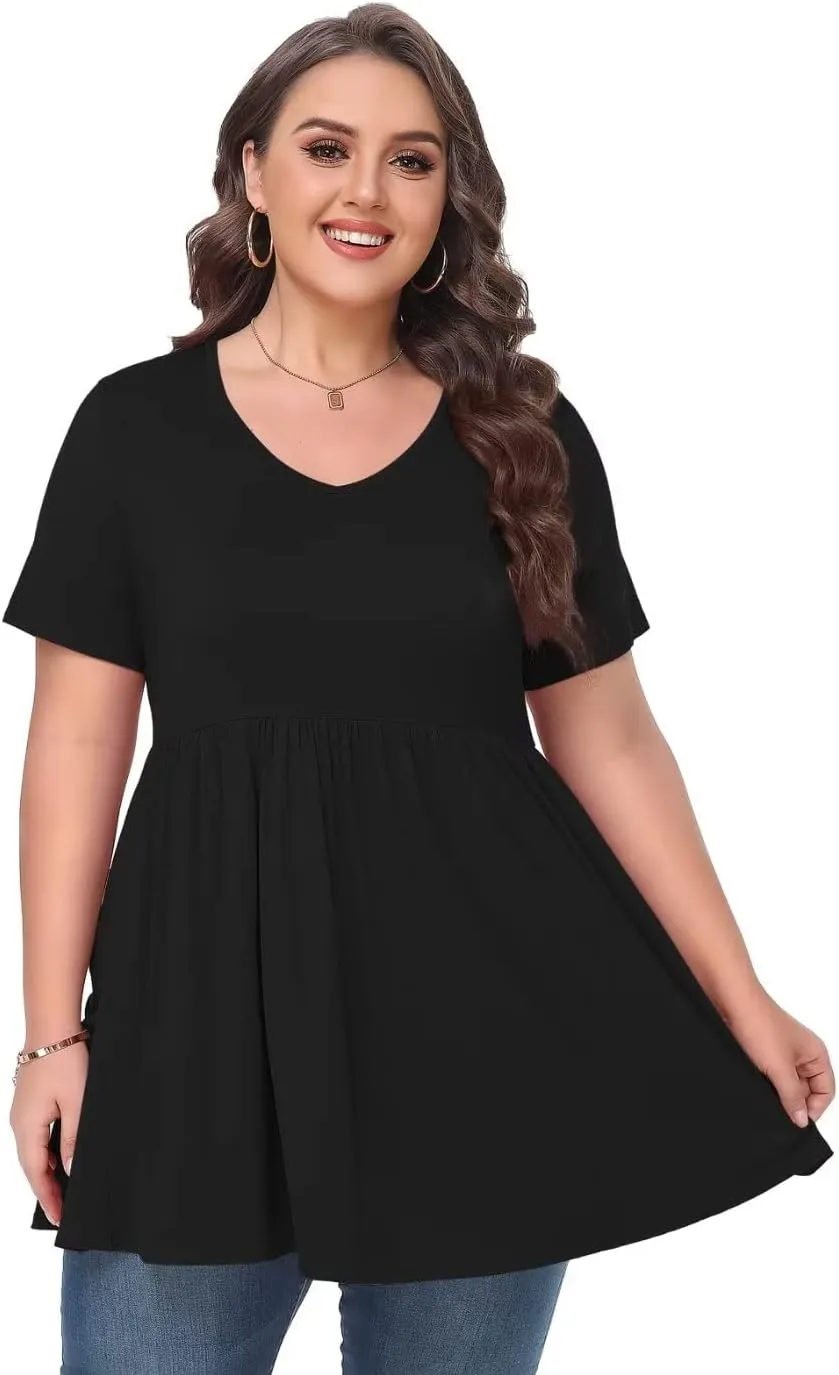 MONNURO Womens Plus Size Tops Cute Babydoll T Shirts Peplum Tunic Tops Loose Fit V-Neck Short Sleeve Blouse
