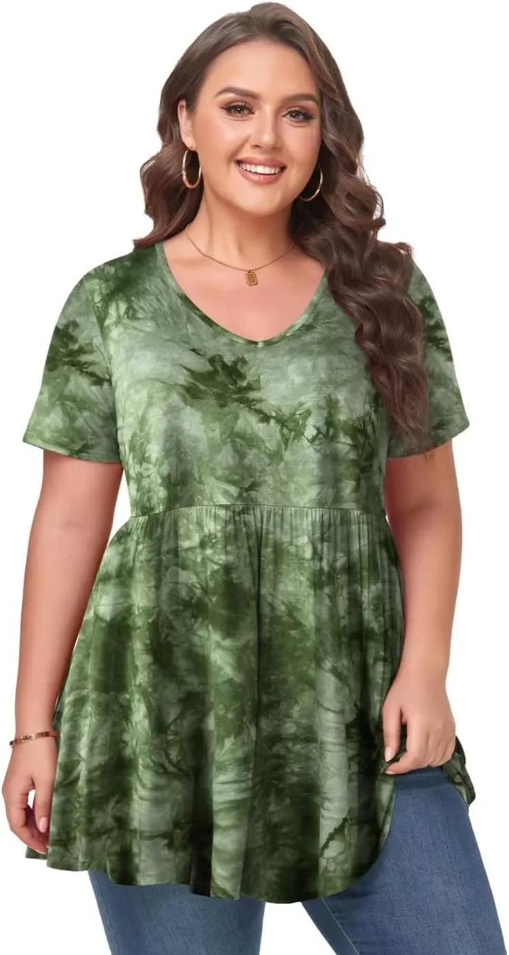 MONNURO Womens Plus Size Tops Cute Babydoll T Shirts Peplum Tunic Tops Loose Fit V-Neck Short Sleeve Blouse