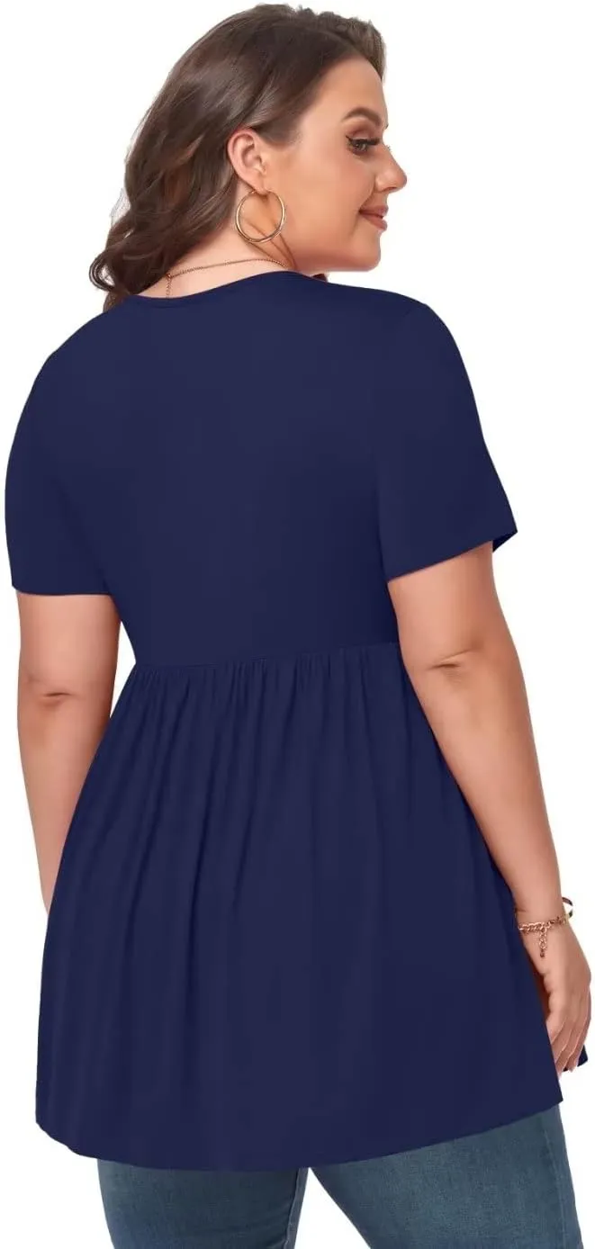 MONNURO Womens Plus Size Tops Cute Babydoll T Shirts Peplum Tunic Tops Loose Fit V-Neck Short Sleeve Blouse
