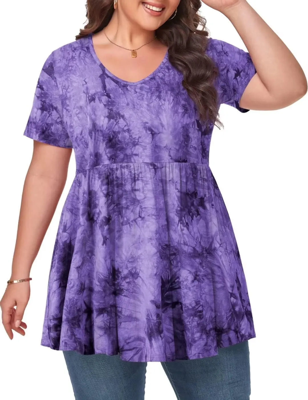 MONNURO Womens Plus Size Tops Cute Babydoll T Shirts Peplum Tunic Tops Loose Fit V-Neck Short Sleeve Blouse