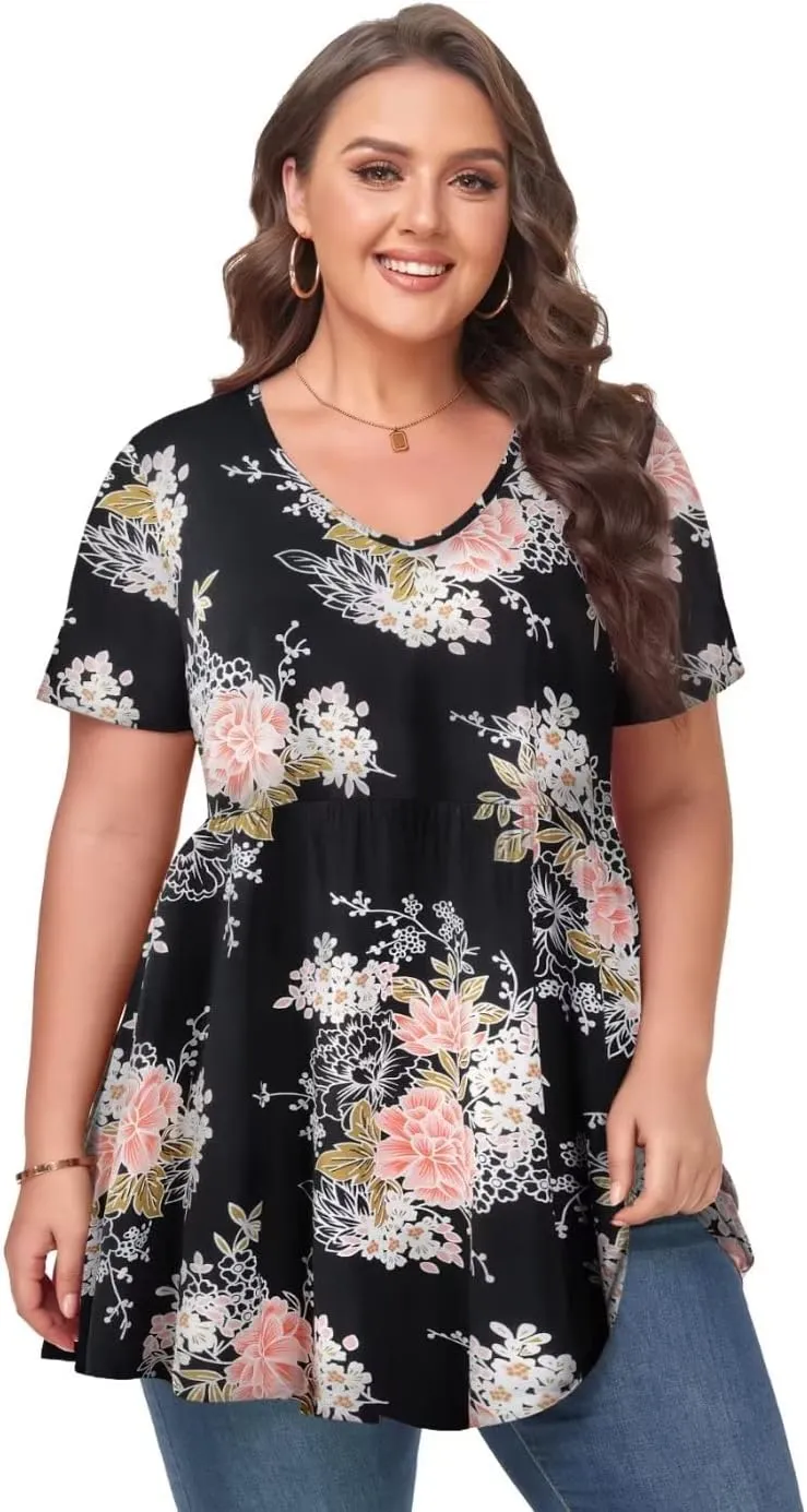MONNURO Womens Plus Size Tops Cute Babydoll T Shirts Peplum Tunic Tops Loose Fit V-Neck Short Sleeve Blouse