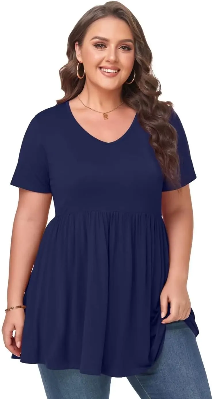 MONNURO Womens Plus Size Tops Cute Babydoll T Shirts Peplum Tunic Tops Loose Fit V-Neck Short Sleeve Blouse